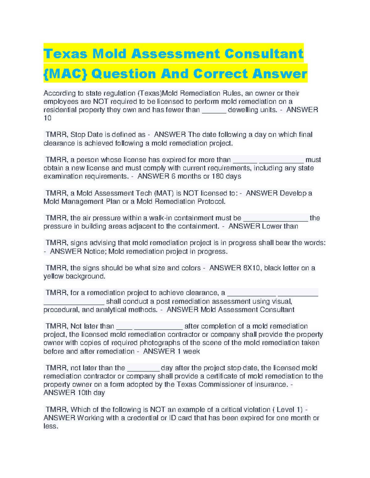 Texas Mold Assessment Consultant: Key Questions & Answers Guide - Studocu