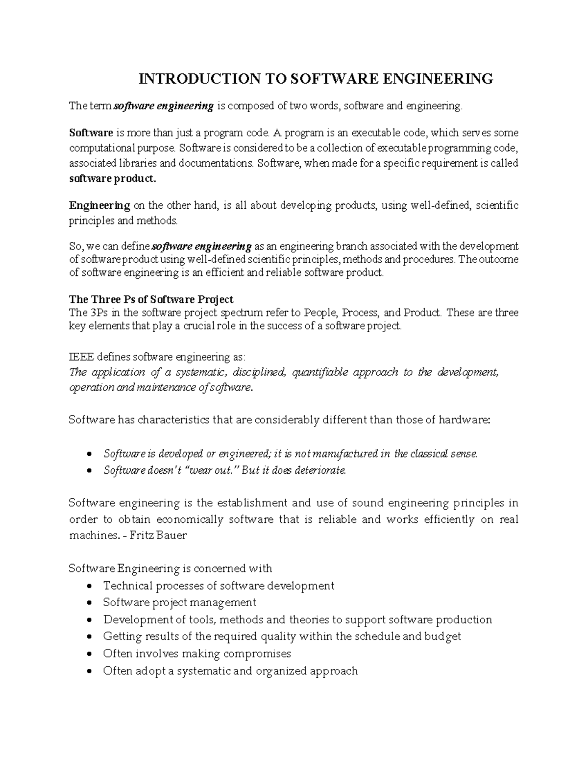 Introduction to Software Engineering: Class Notes (Lec 1) - Studocu