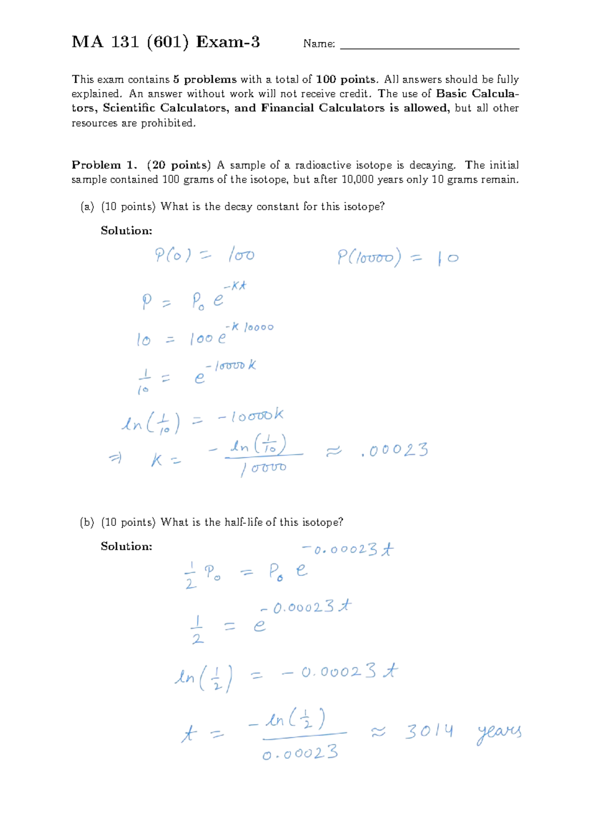 Exam 3 Solutions for MA 131 (601) - Detailed Explanations - Studocu