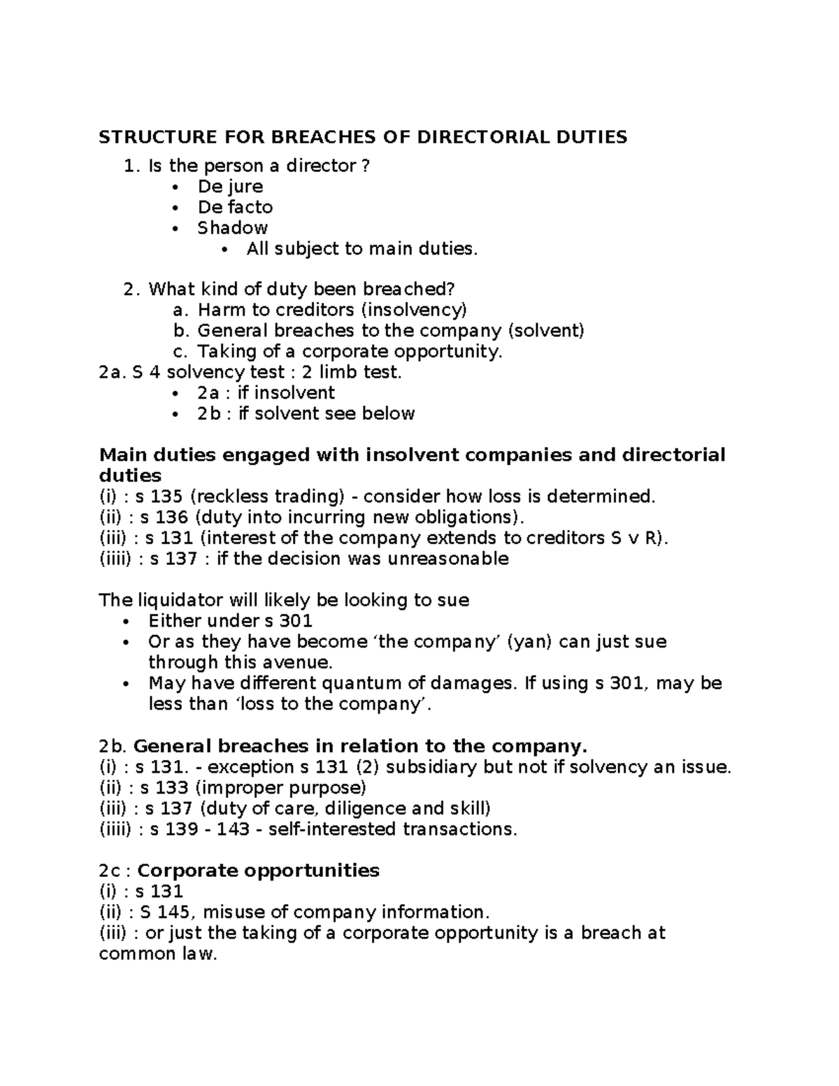 STRUCTURE FOR BREACHES OF DIRECTORIAL DUTIES - COMPANY LAW - Studocu