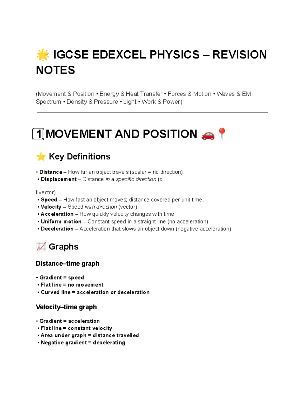IGCSE EDEXCEL PHYSICS REVISION NOTES: Key Concepts & Definitions - Studocu