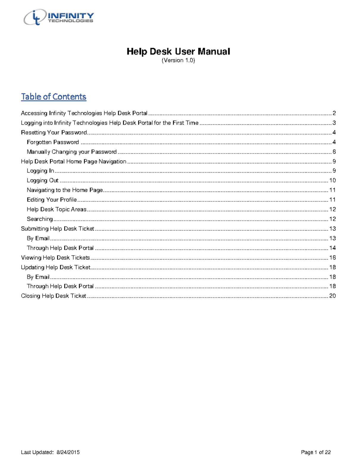 Infinity Technologies Help Desk User Manual (Version 1.0) - Studocu