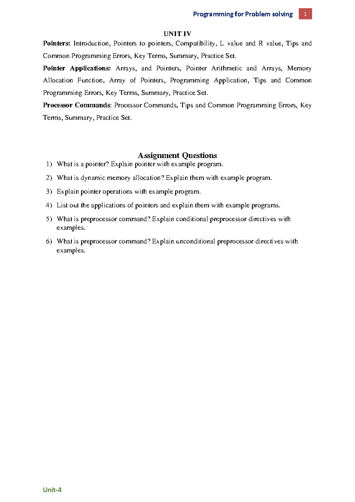 Unit IV: Pointers in Programming for Problem Solving - Studocu