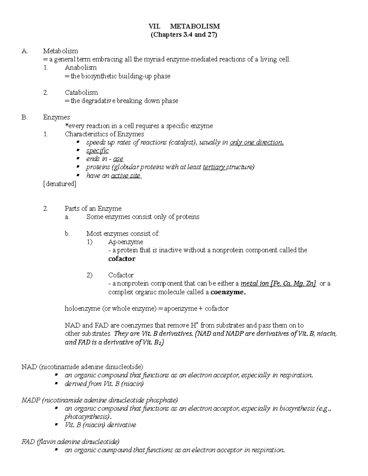 Metabolism Lecture Notes (Chapters 3 & 27) for Students - Studocu