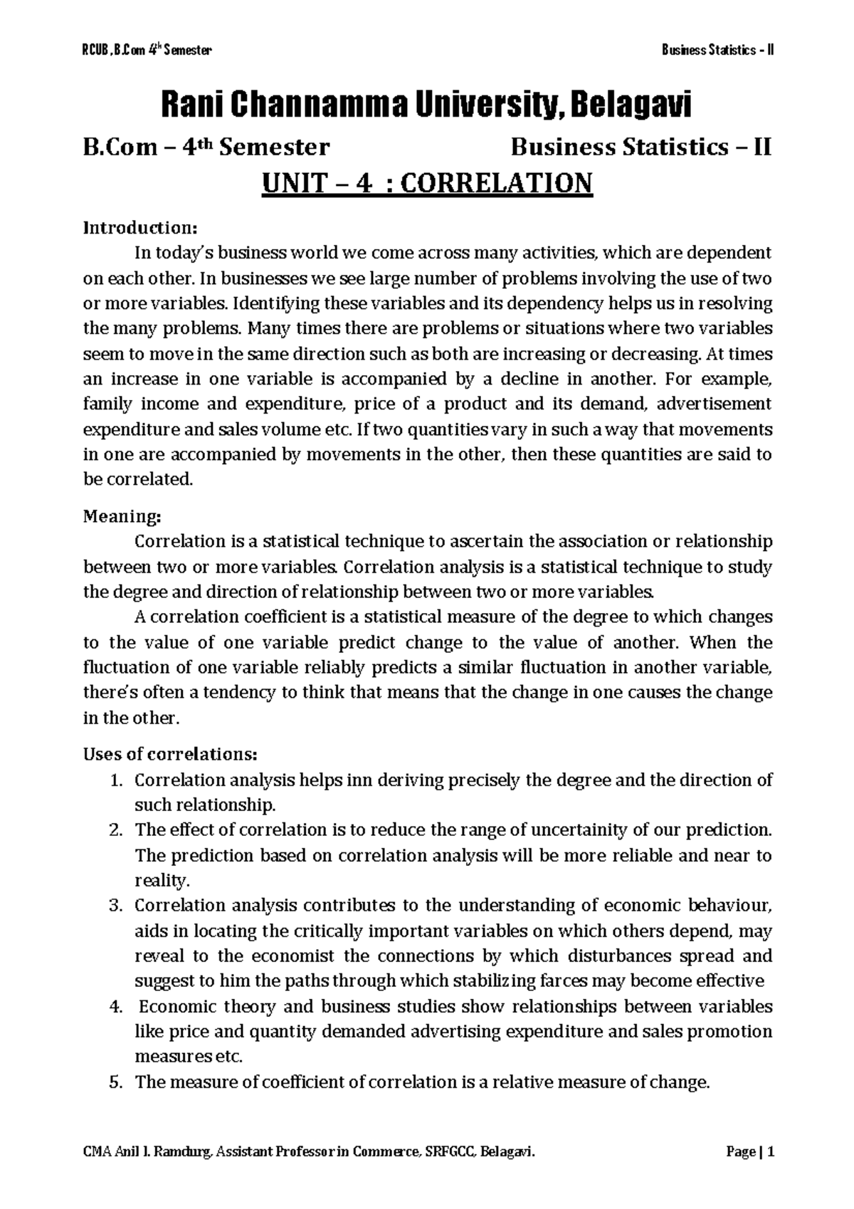 Business Statistics II - Unit 4: Correlation & Regression Concepts ...