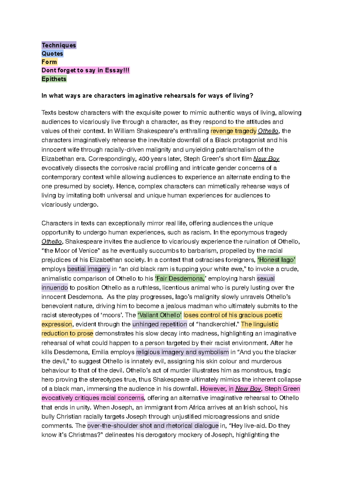 ENG301 Othello & New Boy Essay: Character Insights on Racism & Gender ...