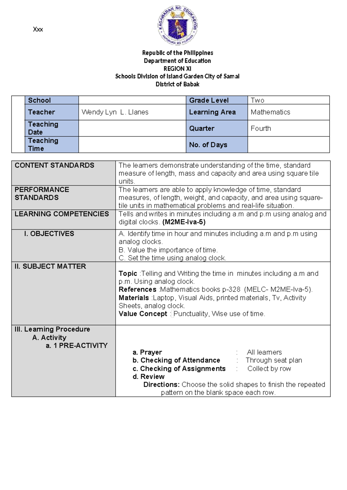 SEMI-Detailed Lesson Plan in Mathematics for Grade 2: Telling Time ...