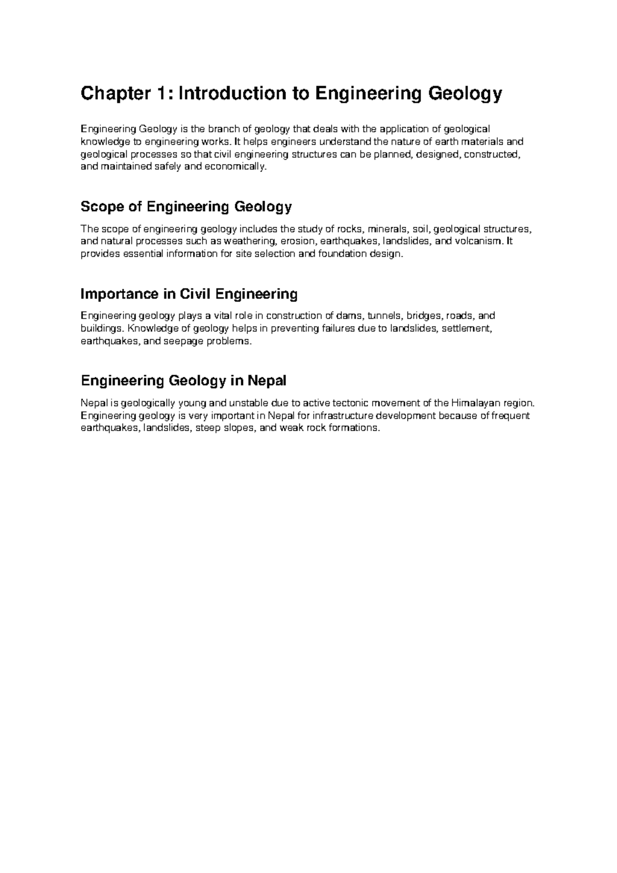 Engineering Geology I: Chapter 1 & 2 Overview and Insights - Studocu