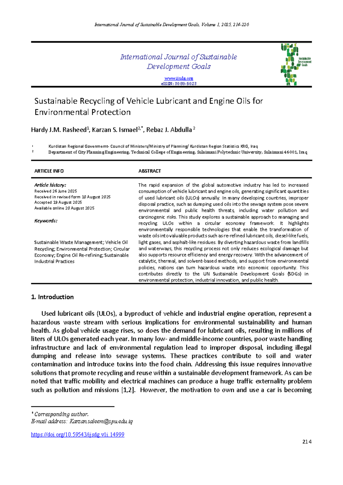 Sustainable Recycling of Used Lubricant Oils: A Case Study (SDG 2025 ...