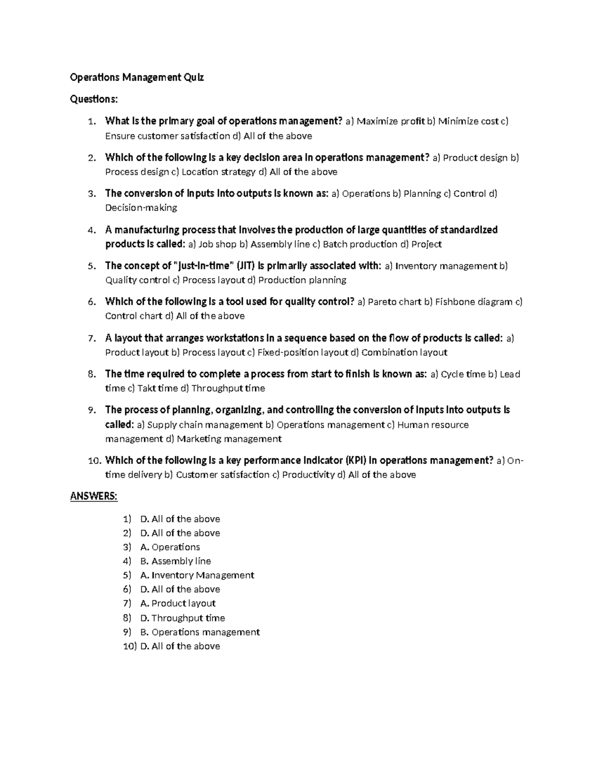 OM 101 Quiz: Pre-Assessment MCQs on Operations Management - Studocu