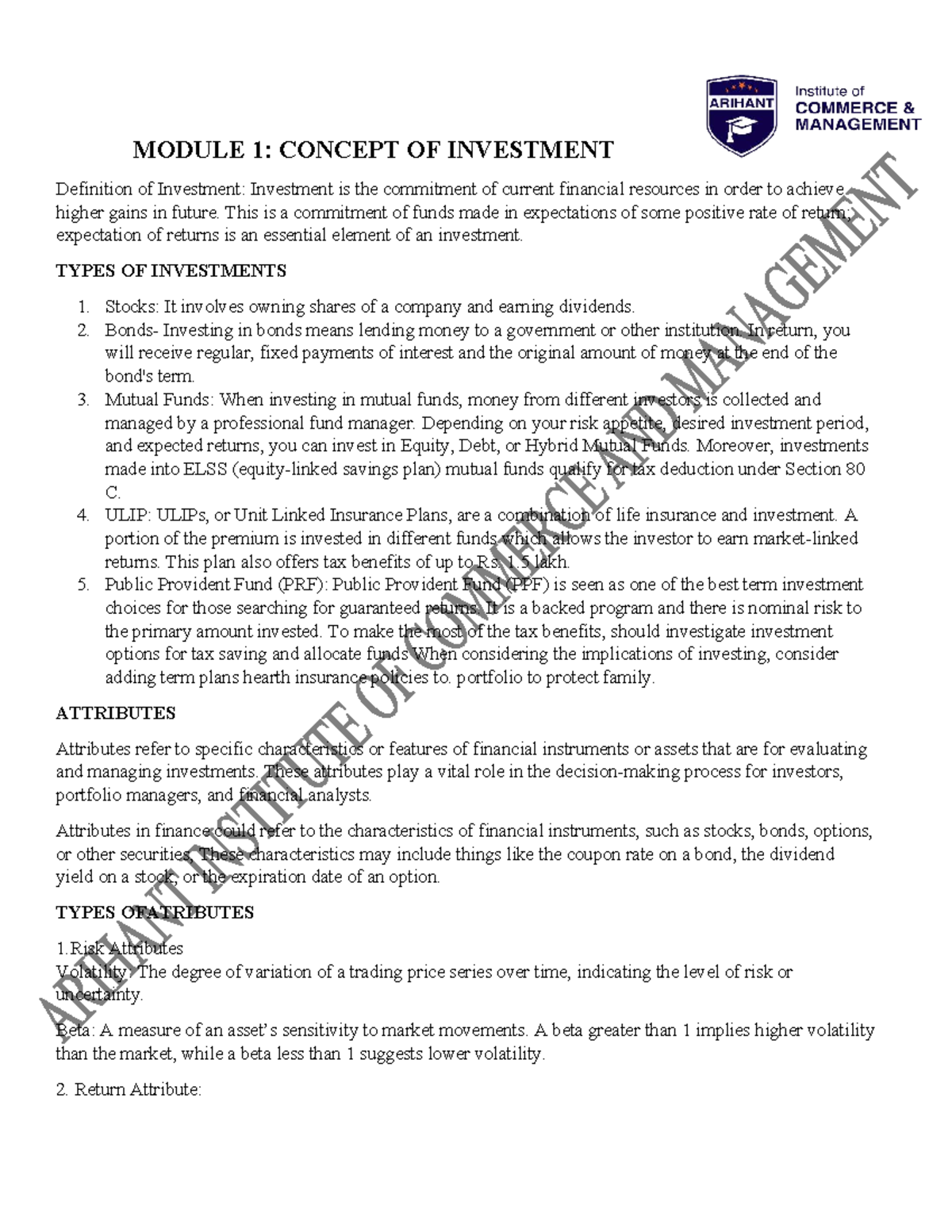Investment Management (FIN 101): Chapter 1 Notes on Investment Concepts ...