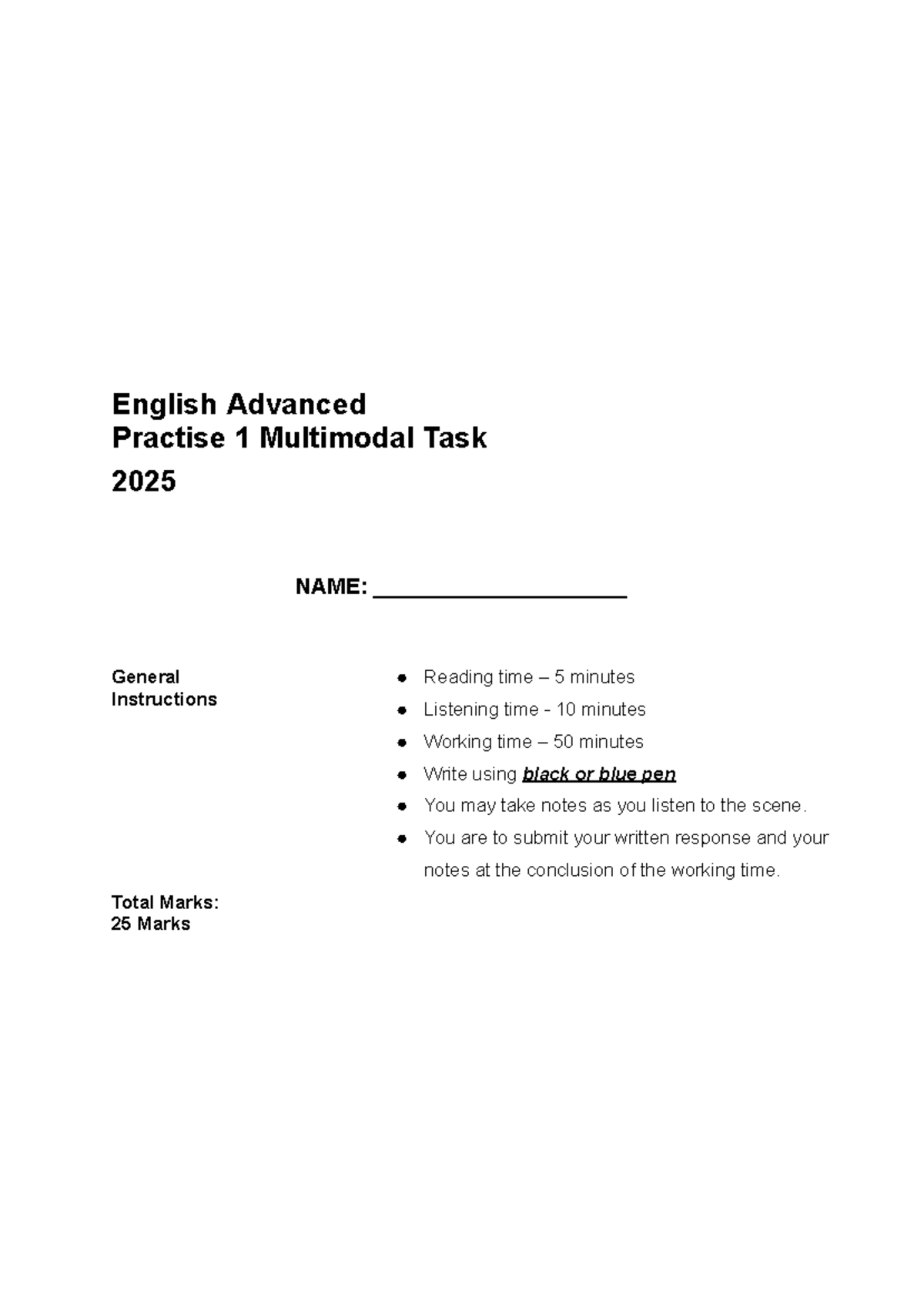 ENG ADV PRAC 1 Multimodal Task Instructions & Questions 2025 - Studocu