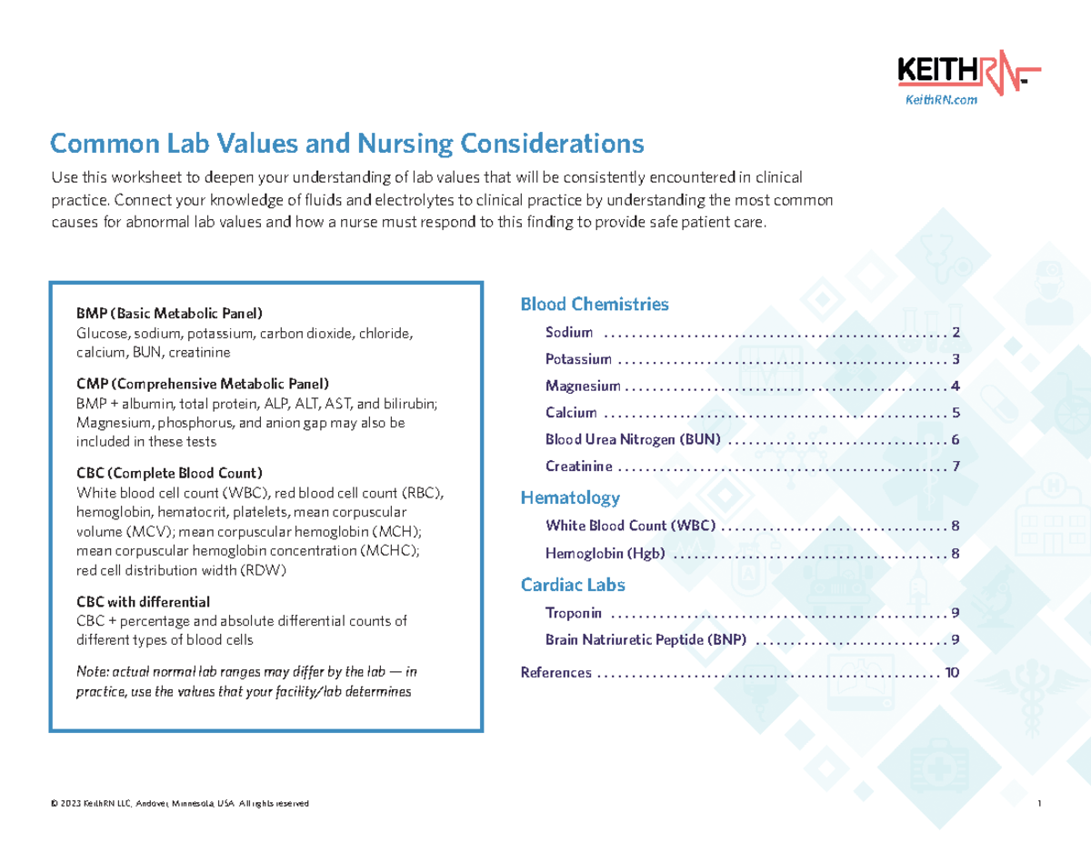 Lab values - Ftgggggg - Common Lab Values and Nursing Considerations ...