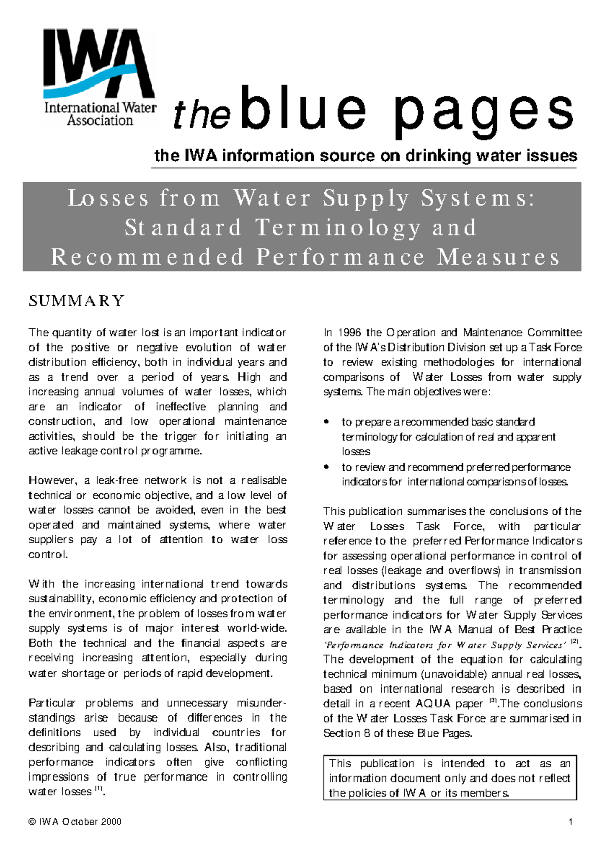 IWA Report: Losses from Water Supply Systems - Standard Terminology ...