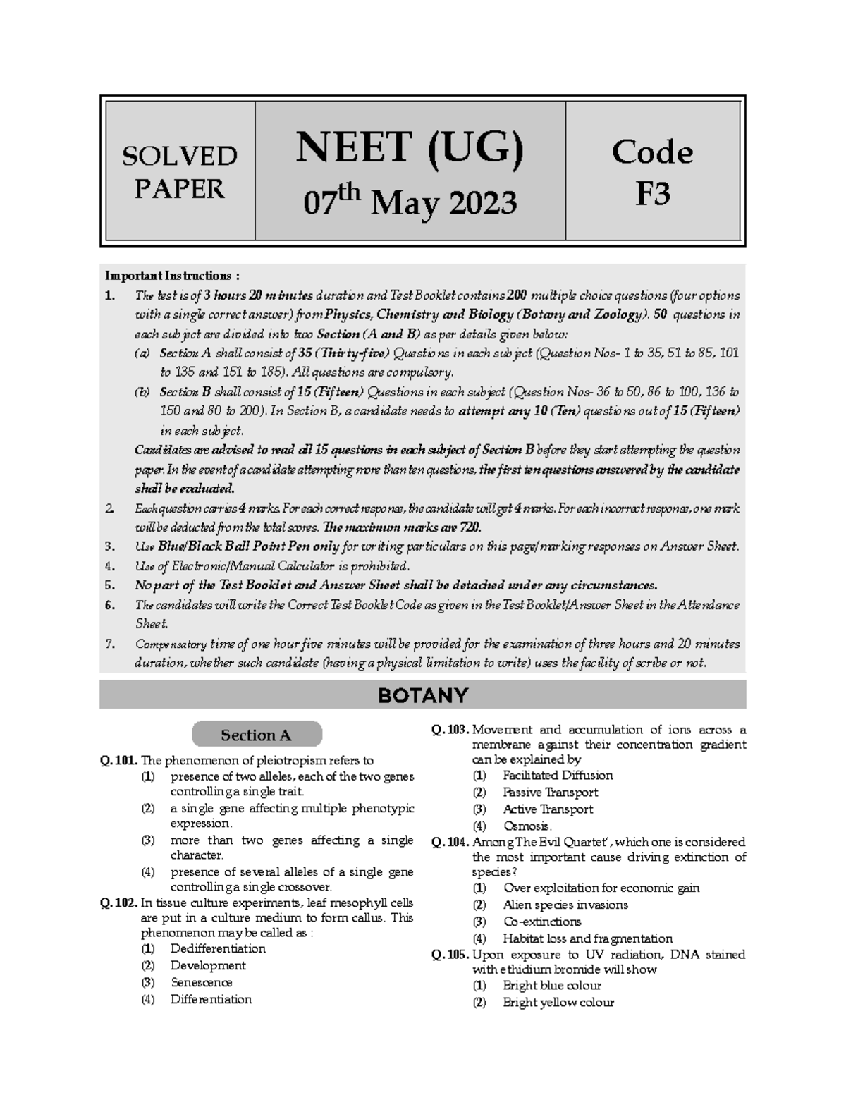NEET Bio - Pyq - SOLVED PAPER NEET (UG) 07 th May 2023 Code F Important ...