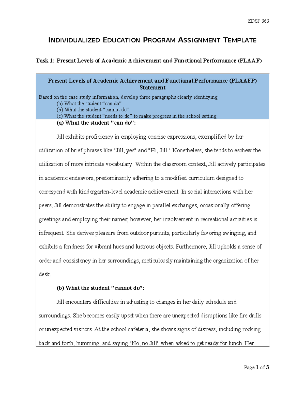 EDSP 363 - Individualized Education Program Assignment Template - Studocu