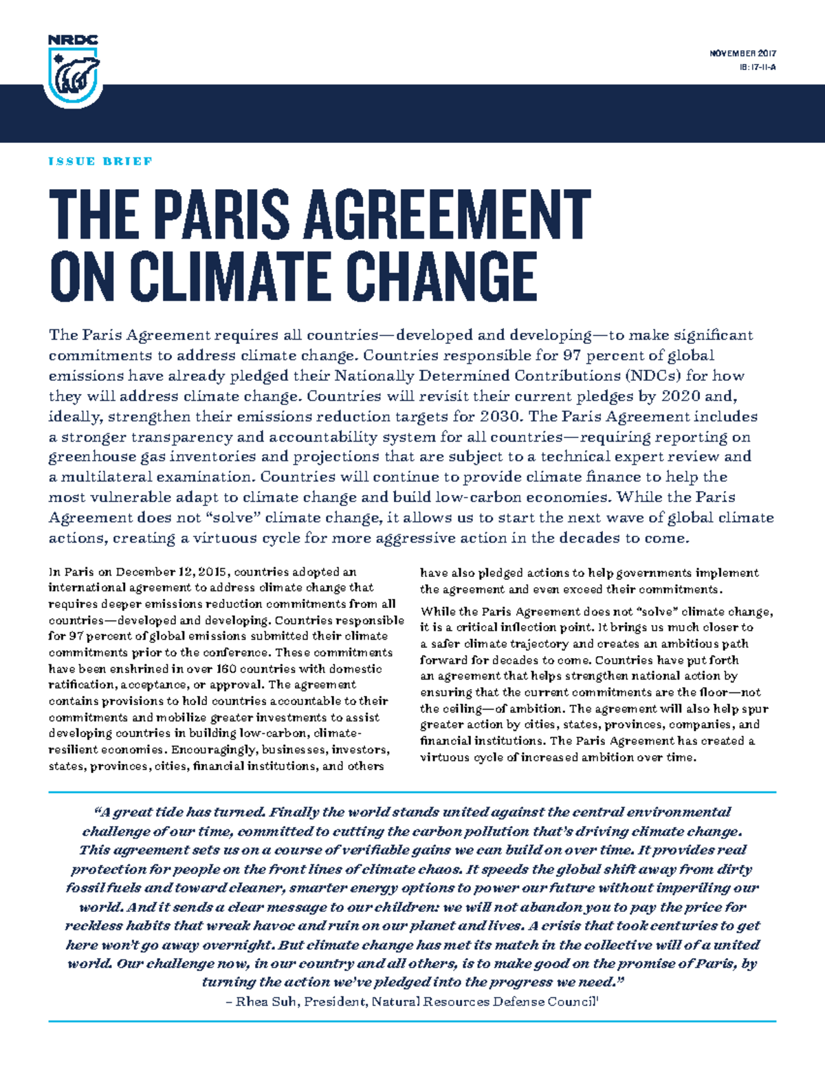 Paris agreement climate change 2017 ib - NOVEMBER 2017 IB: 17-11-A The ...