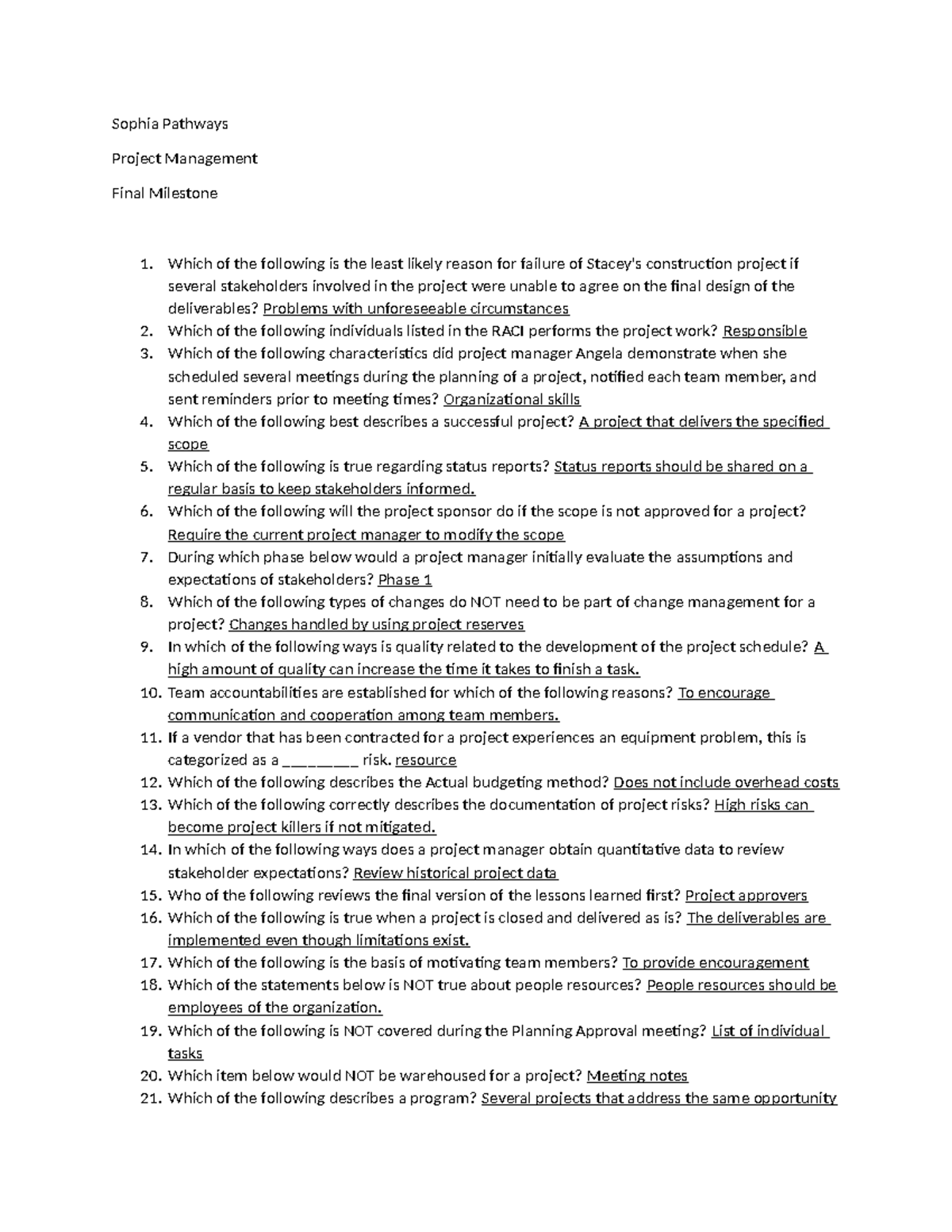 PM Final Milestone - Key Concepts & Q&A in Project Management - Studocu