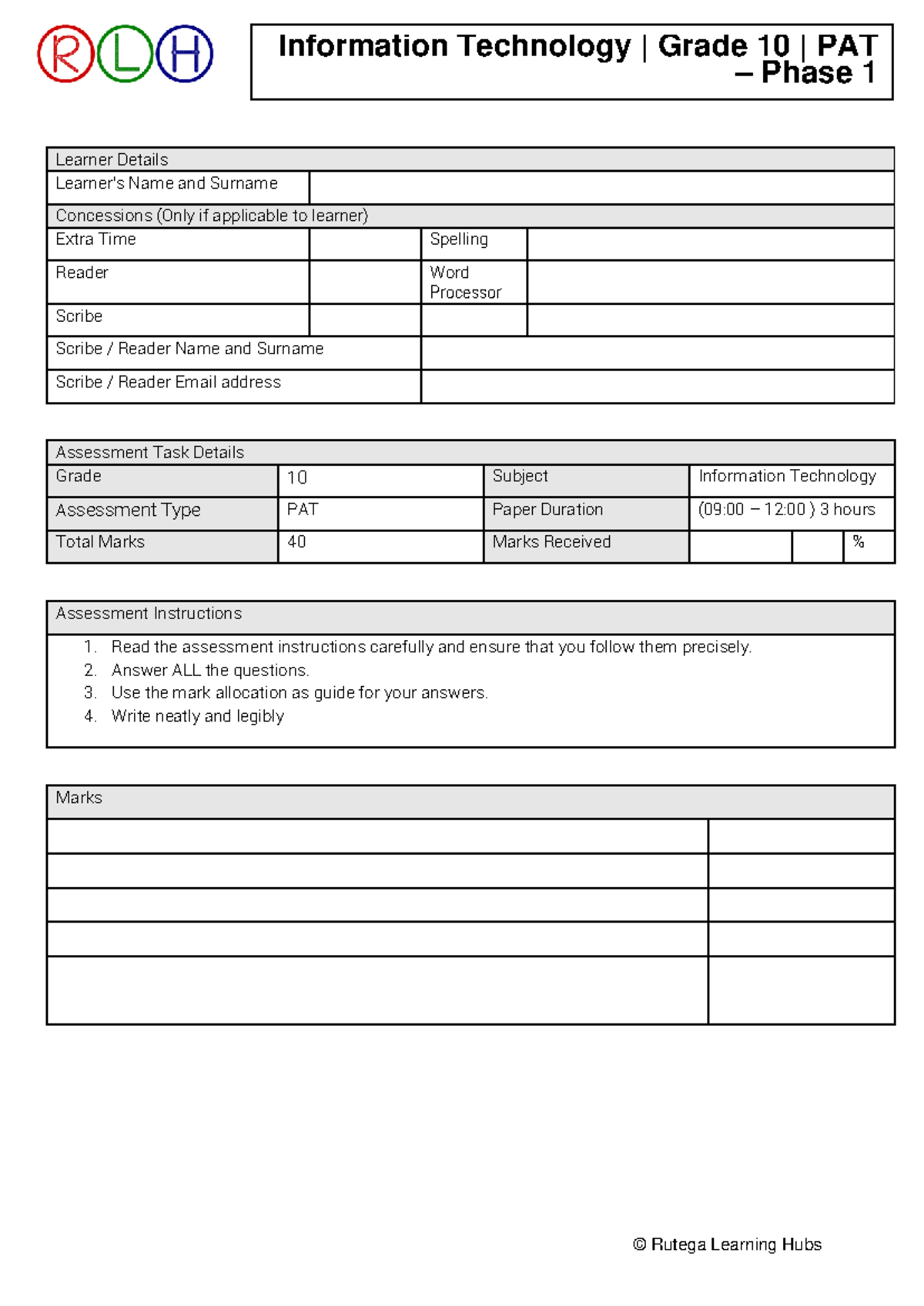 Grade 10 IT PAT Phase 1 Code Generation Assessment - Studocu