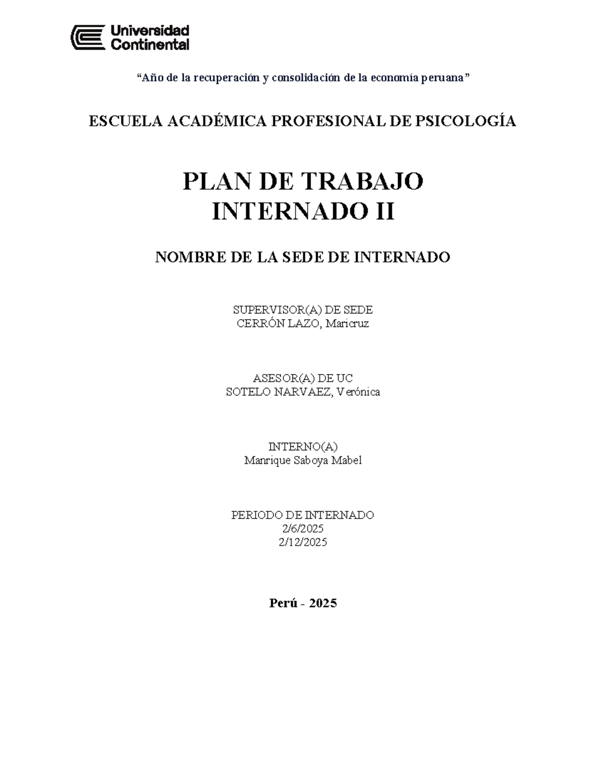 Plan de Trabajo Internado II - Psicología en Colegios Zárate 2025 - Document Preview