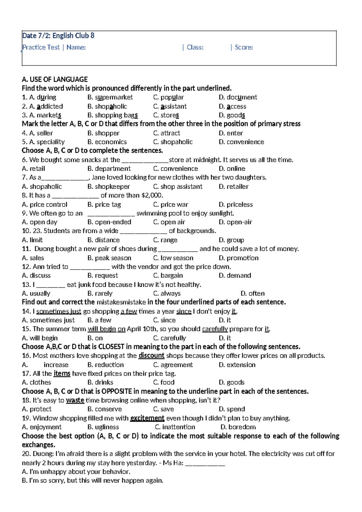 G8 Unit 8: Shopping Practice Test and Language Use - Studocu
