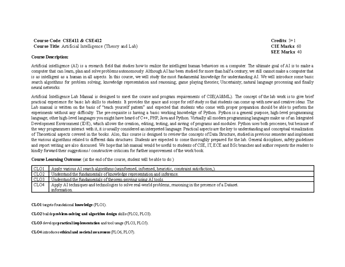CSE411 CSE412: AI Theory & Lab Course Outline and Learning Activities ...