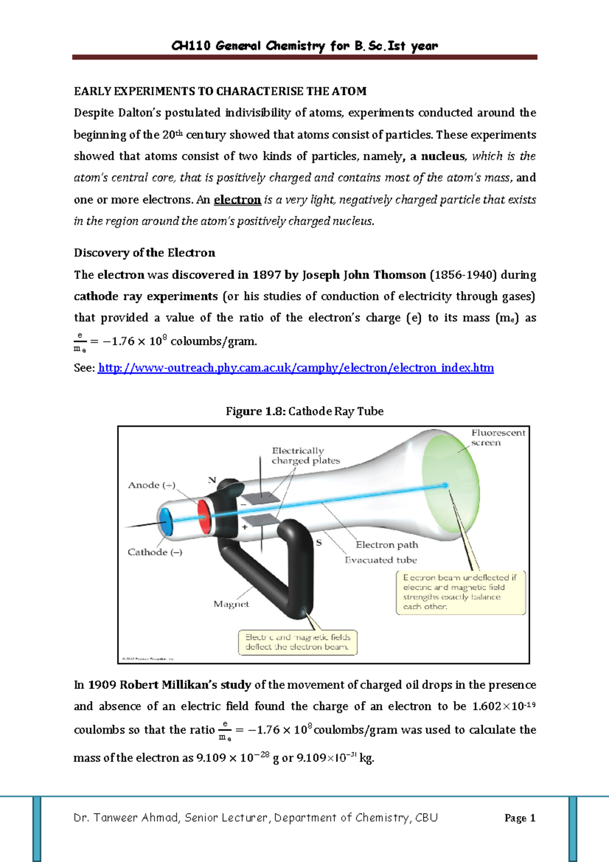 CH110 Introduction to General Chemistry Lecture Notes 1 - EARLY ...