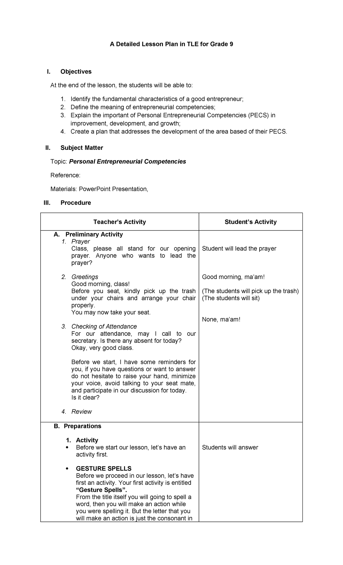 Grade 9 TLE: Semi-Detailed Lesson Plan on Personal Entrepreneurial ...