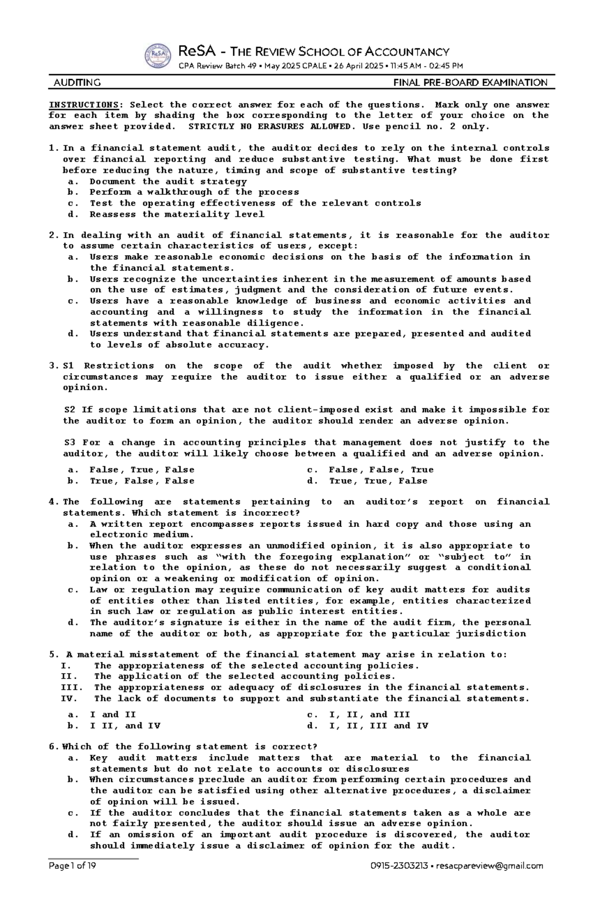 AUDITING ReSA Batch 49 May 2025 CPALE Final Exam Review Notes - Studocu