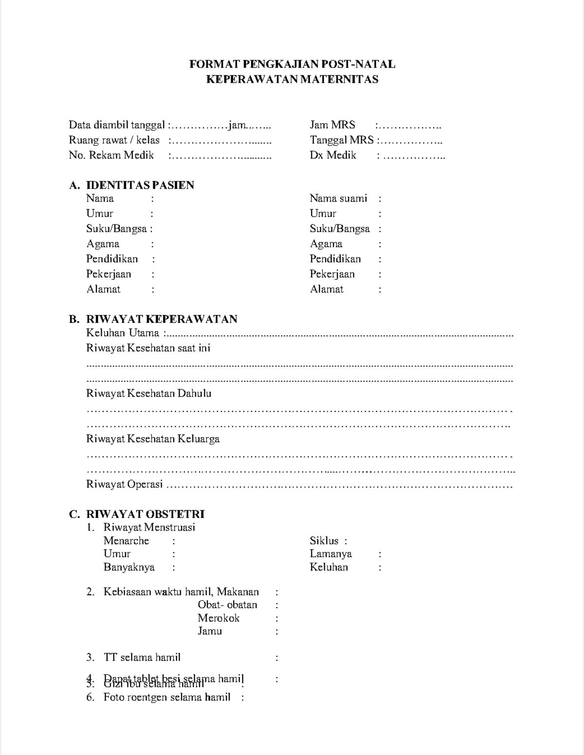Format Pengkajian Post-Natal Keperawatan Maternal untuk Tugas (KPM 101 ...