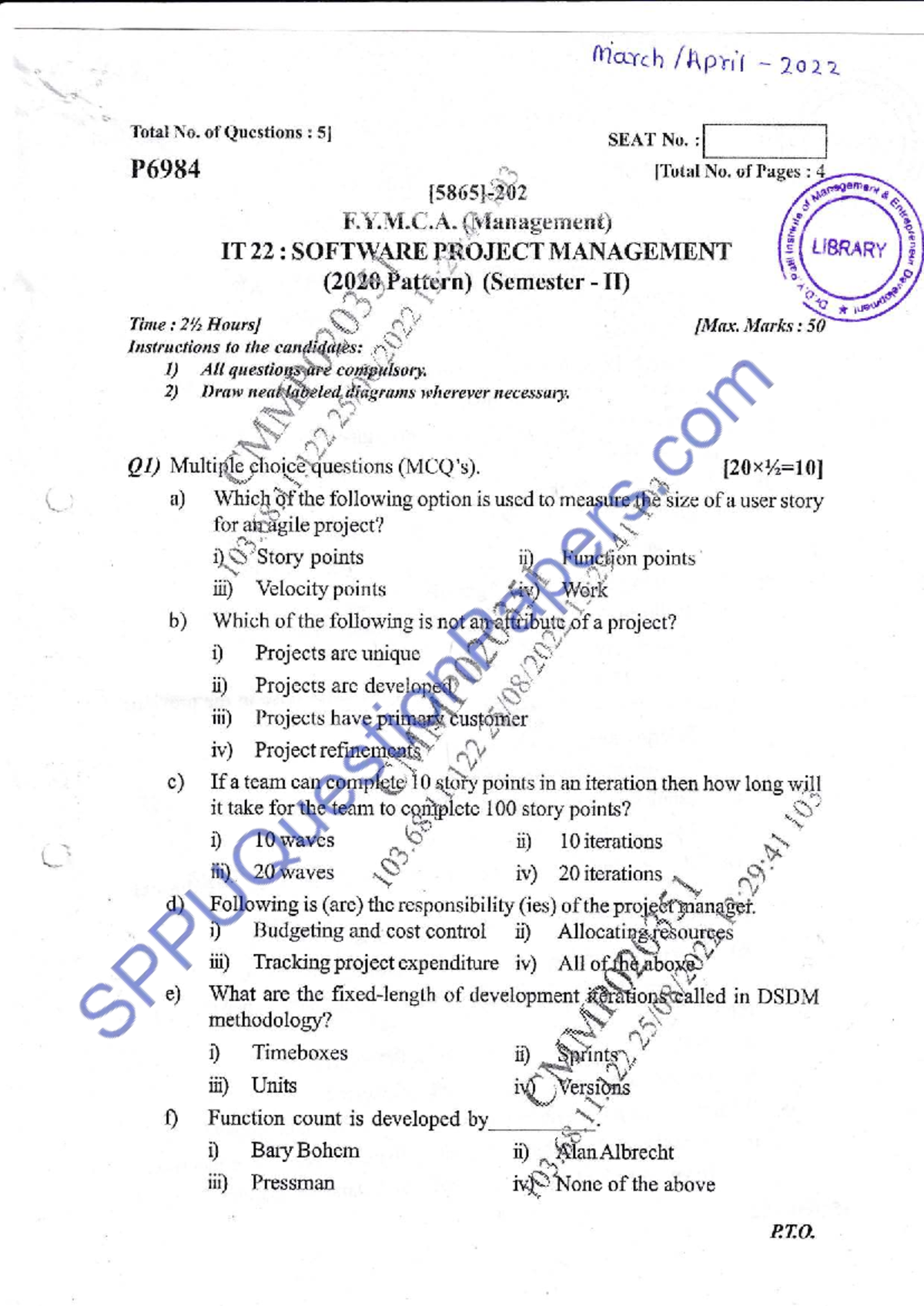 MCA Semester 2 2022 May: Software Project Management Exam Questions ...