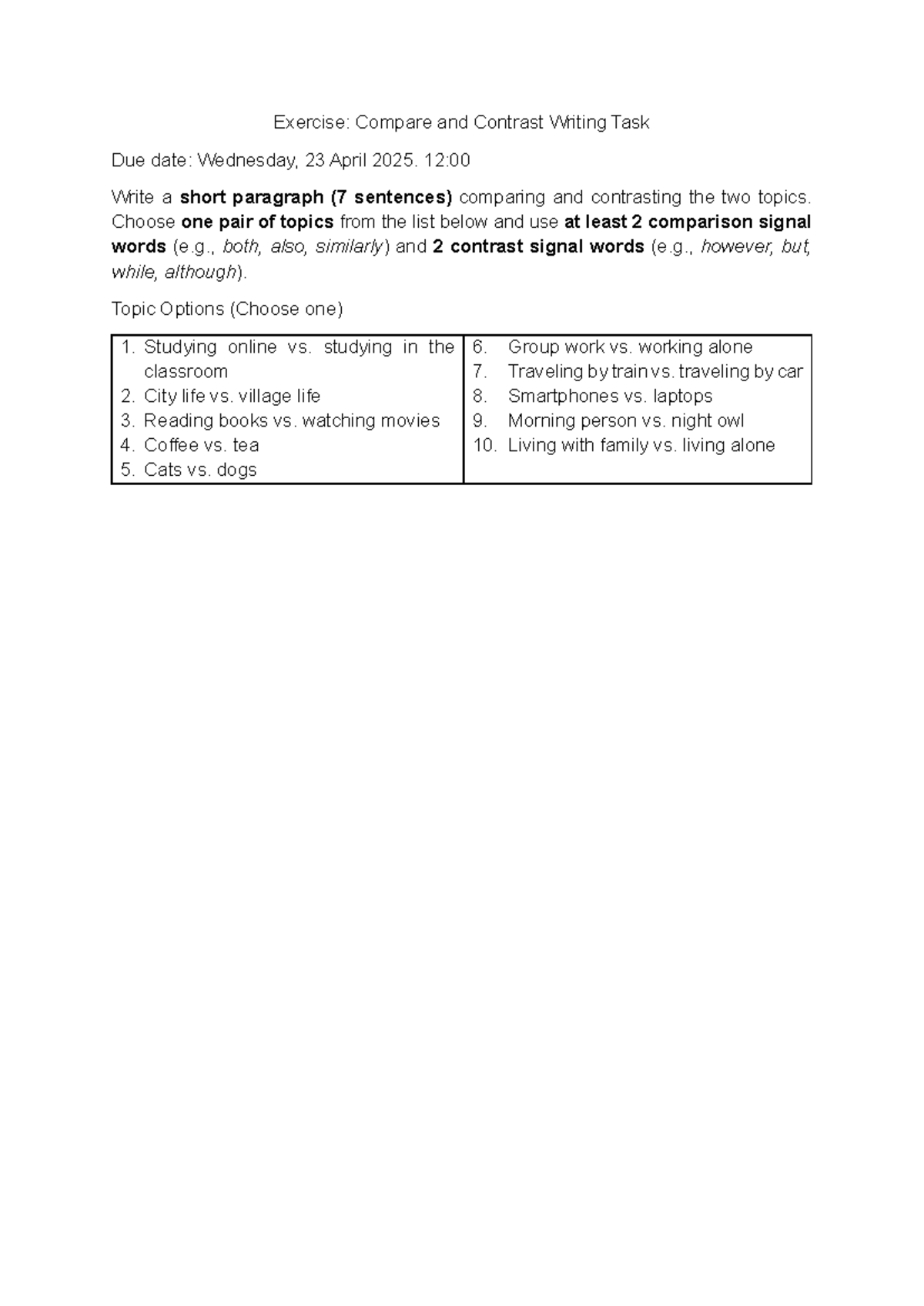 Exercise: Compare and Contrast Writing Task (Due: Apr 23, 2025) - Studocu