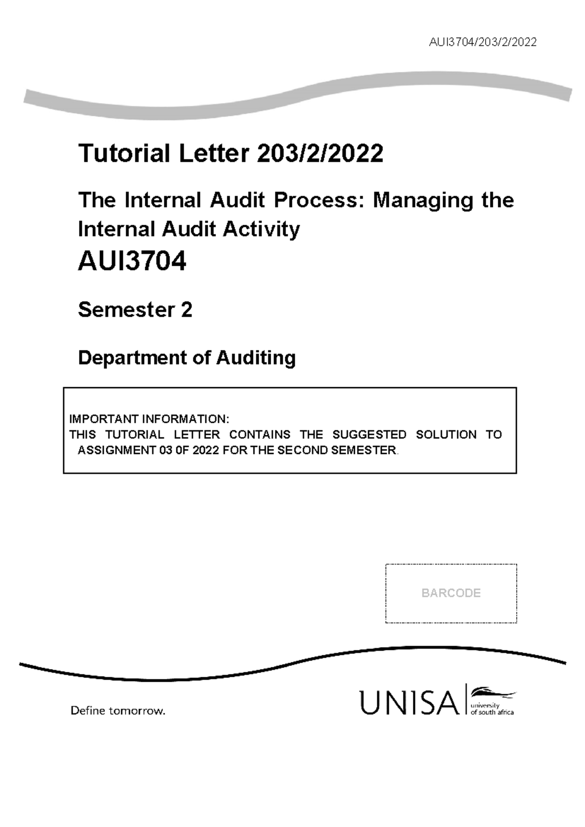 AUI3704 2022 TL 203 2 B - Suggested Solutions for Assignment 03 - Studocu