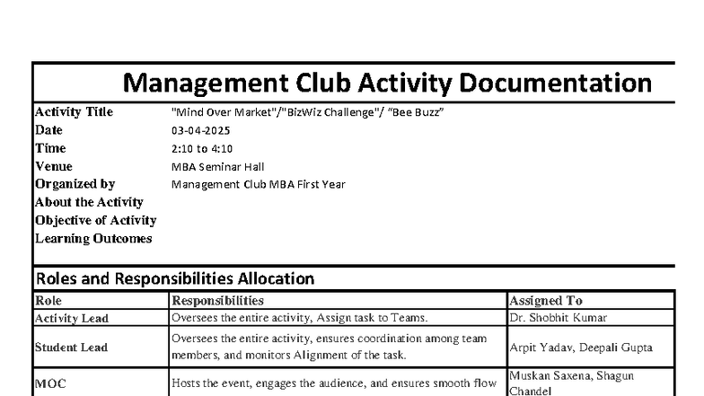 MBA Management Club Activity Documentation Report - Studocu