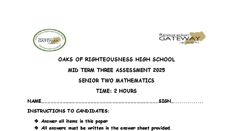 OAKS OF RIGHTEOUSNESS S2 MATHEMATICS MID TERM 3 ASSESSMENT 2025 - Studocu