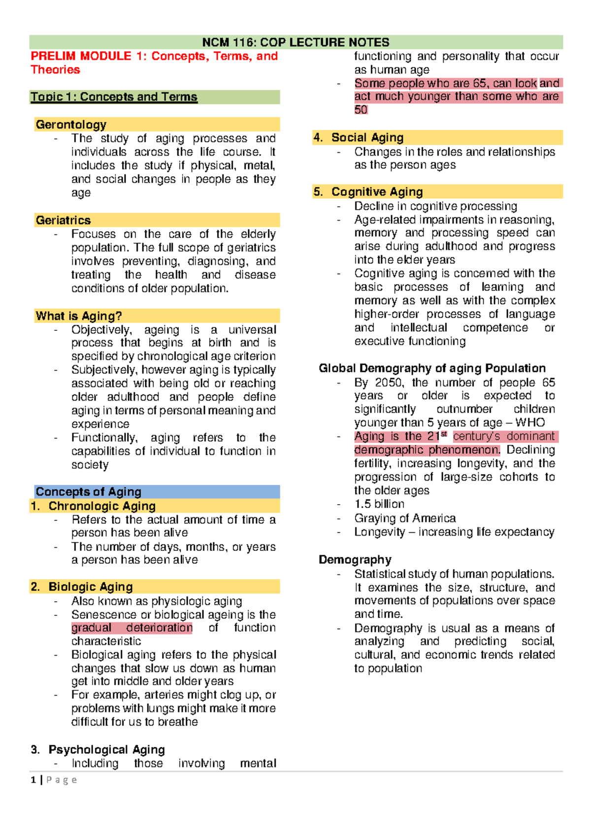 NCM 116: COP LECTURE NOTES - Prelim Module 1: Aging Concepts and ...