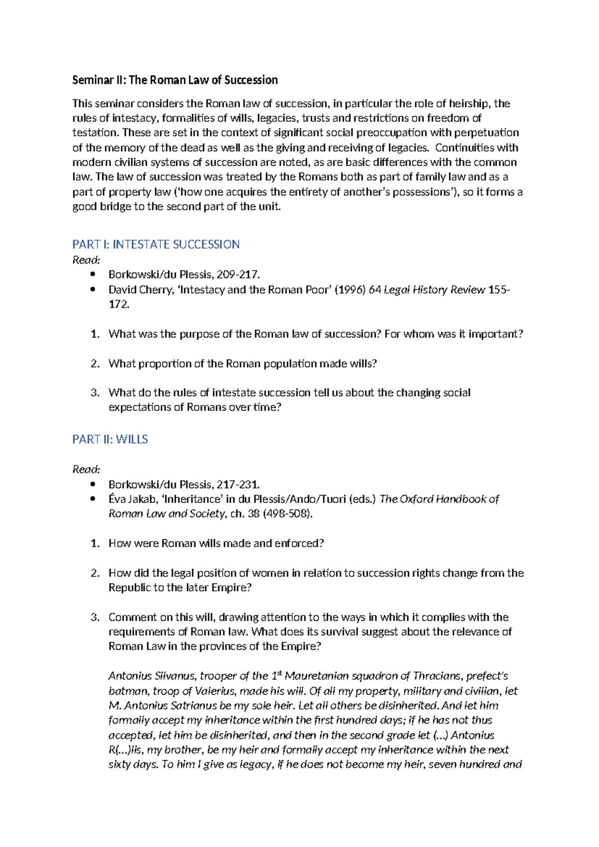 Seminar II: Understanding Roman Law of Succession and Heirship - Studocu
