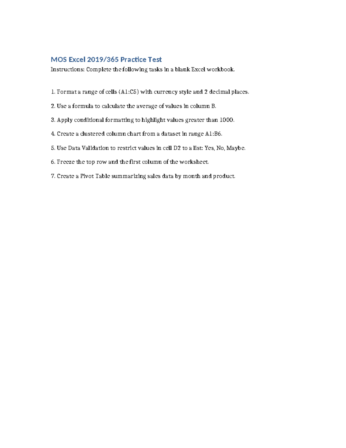 MOS Excel Practice Test Instructions for 2019 - Studocu