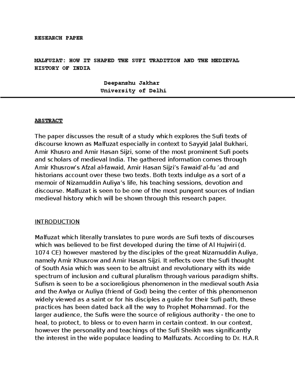 RESEARCH PAPER: MALFUZAT AND ITS IMPACT ON SUFI TRADITION IN MEDIEVAL ...