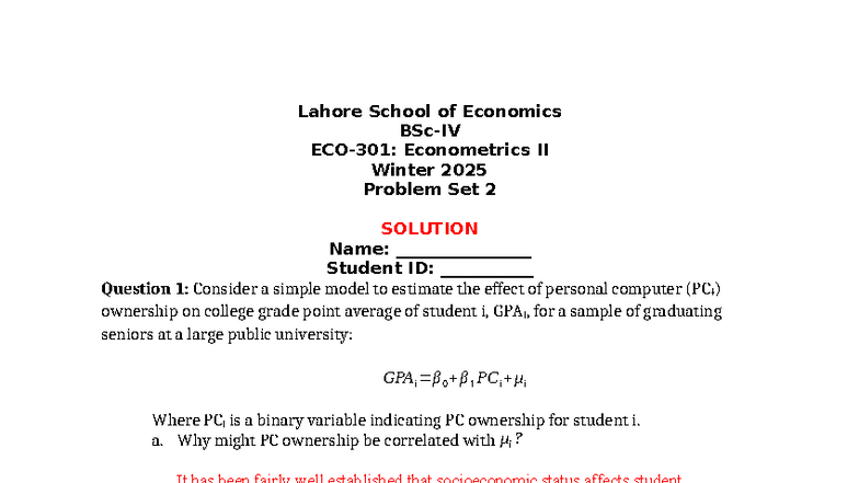 BSc IV, Econometrics II, Winter 2025, Problem Set 2 Solutions - Studocu