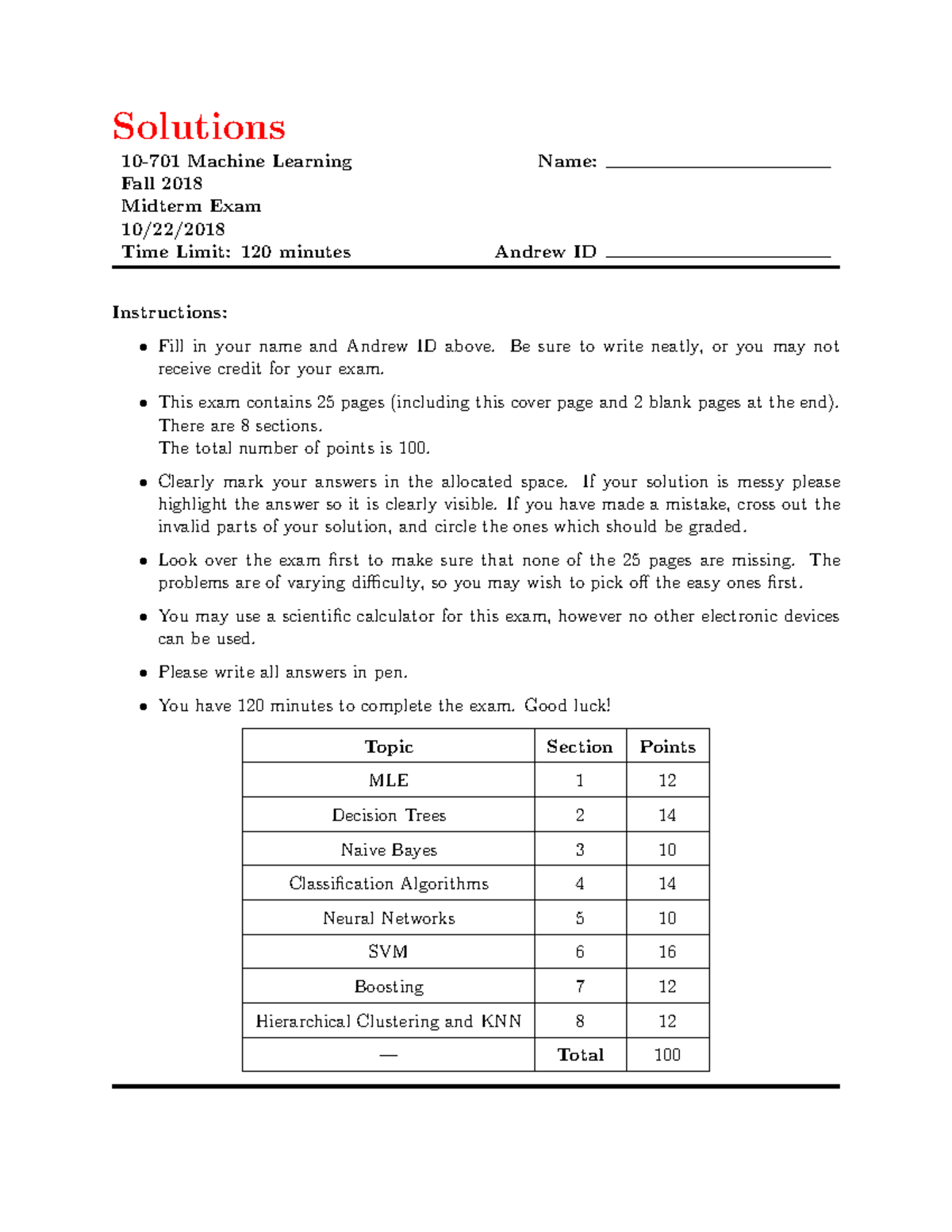 10-701 Machine Learning Fall 2018 Midterm Exam Solutions - Studocu