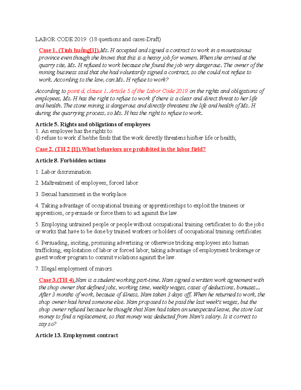 Labor Code 2019: Key Questions and Case Studies Analysis - Studocu
