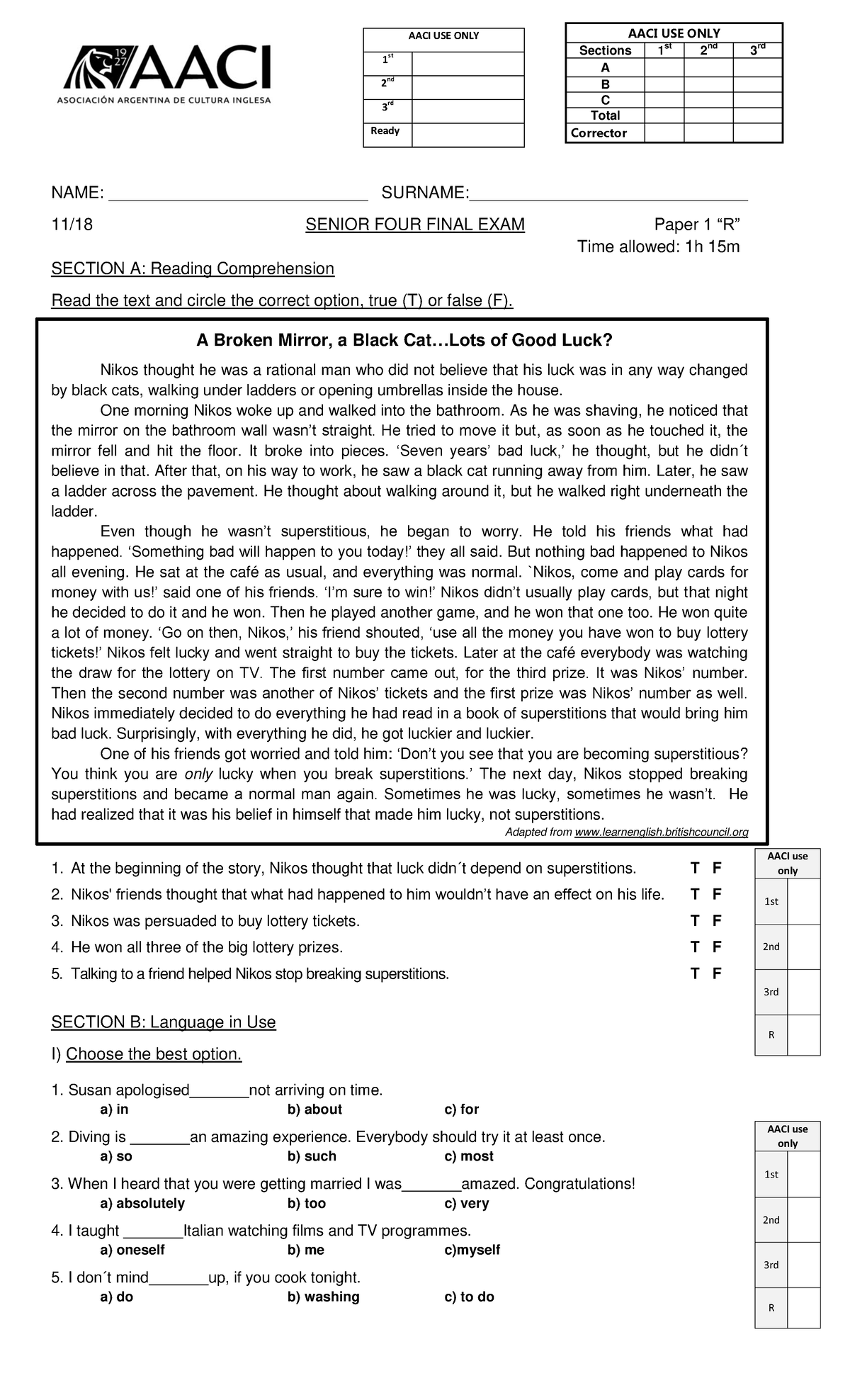 Senior 4 Final Exam 2018 Paper 1: Reading & Language Comprehension ...
