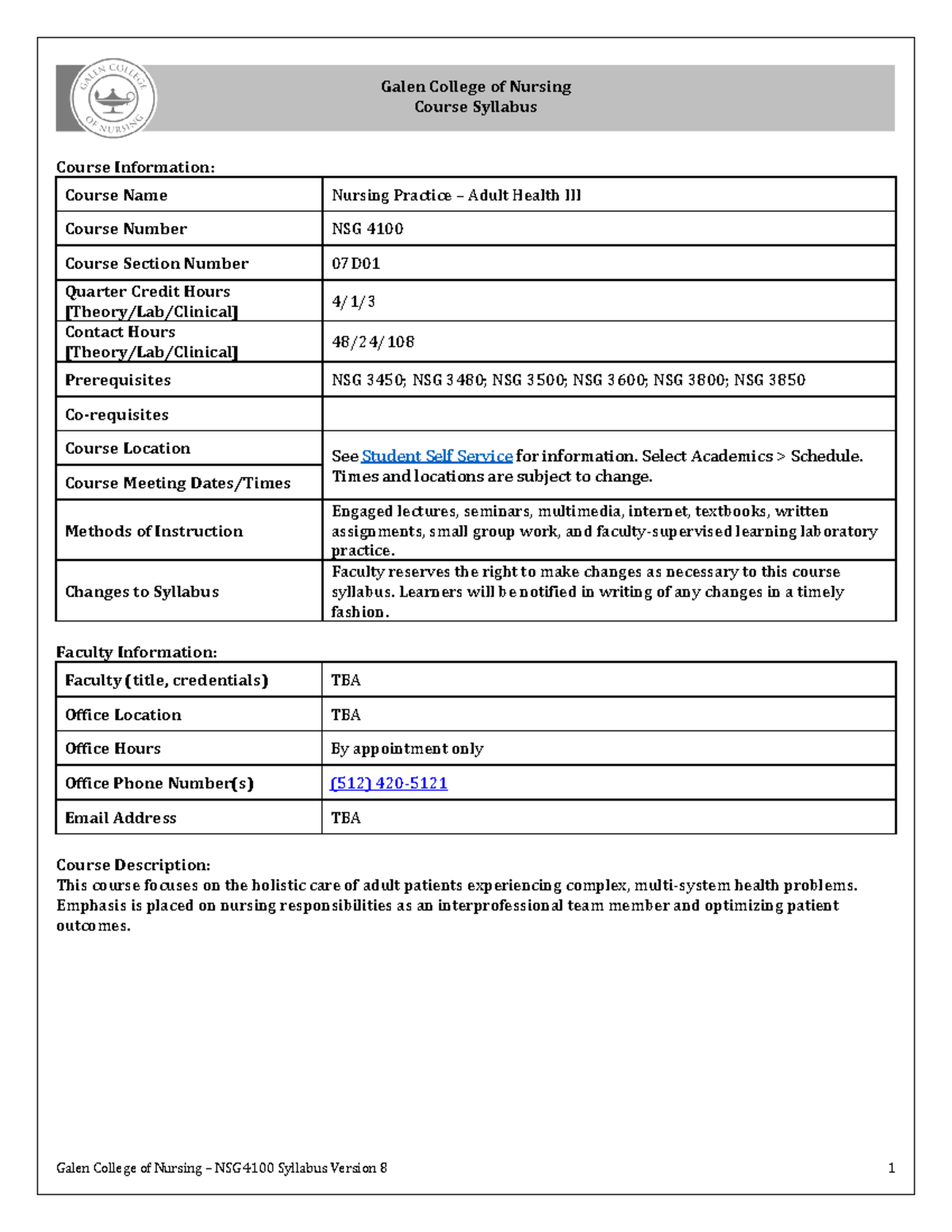 NSG 4100 Syllabus: Nursing Practice - Adult Health III Overview - Studocu