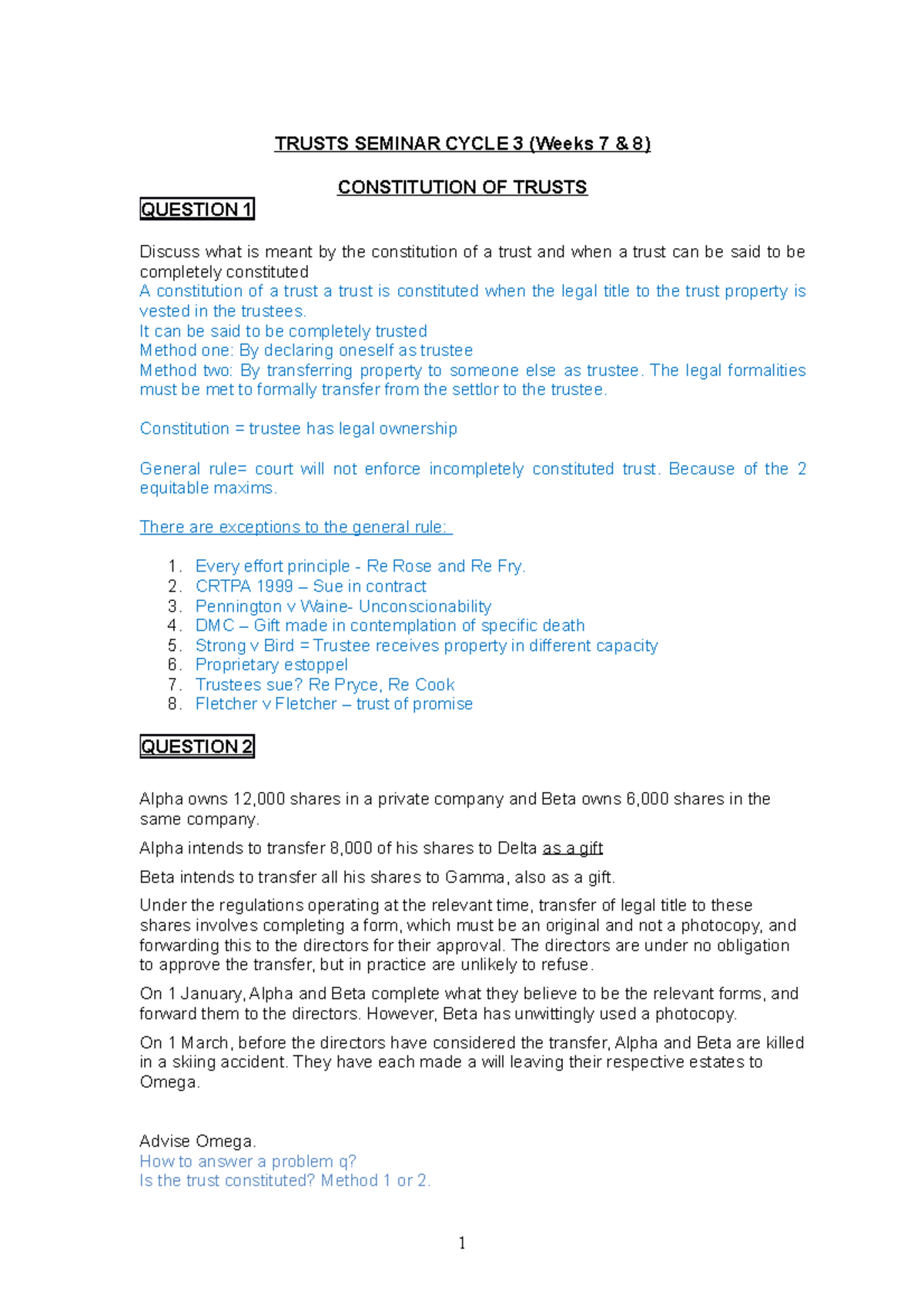 Seminar 3 - TRUSTS SEMINAR CYCLE 3 (Weeks 7 & 8) CONSTITUTION OF TRUSTS ...