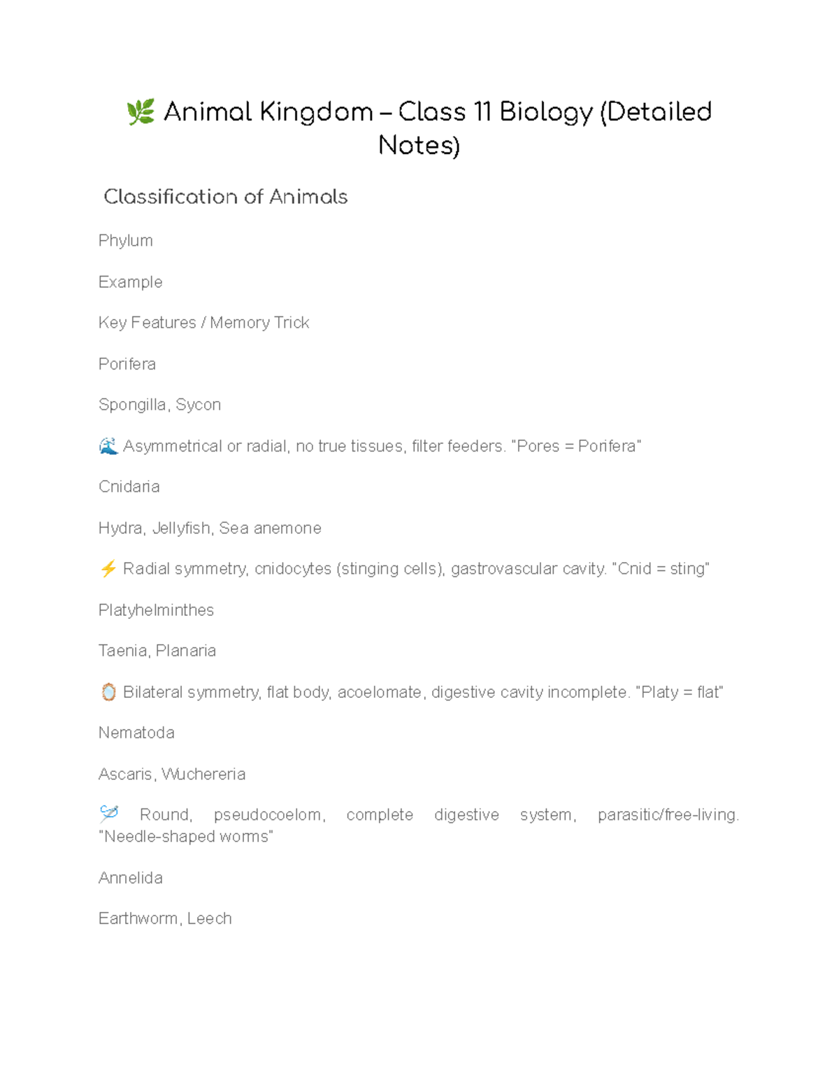 Class 11 Biology: Animal Kingdom Classification Notes - Studocu