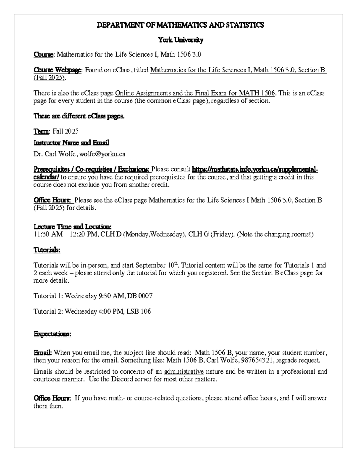 Mathematics for the Life Sciences I (MATH 1506) Course Outline - Fall ...