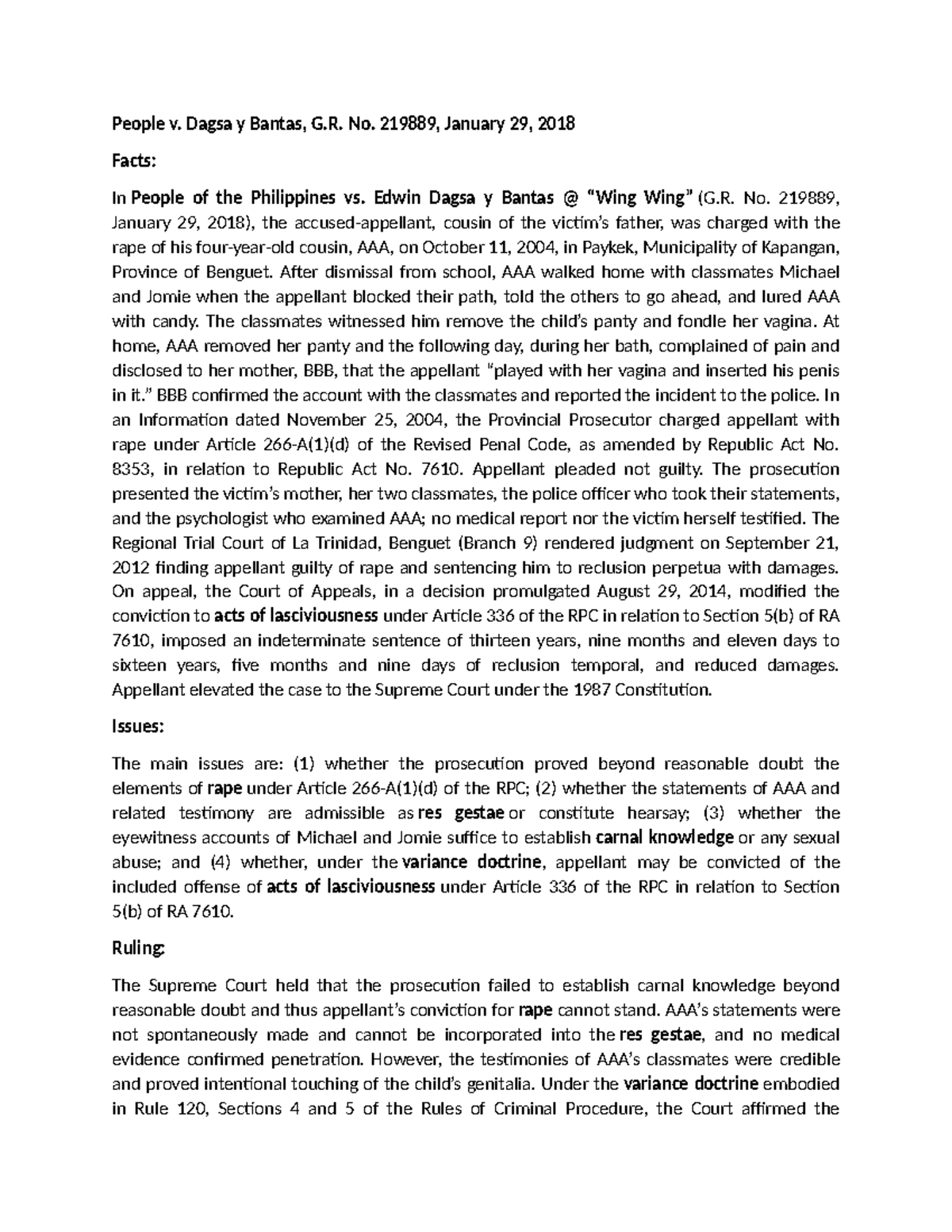 People v. Dagsa y Bantas, G.R. No. 219889: Rape Case Analysis - Studocu