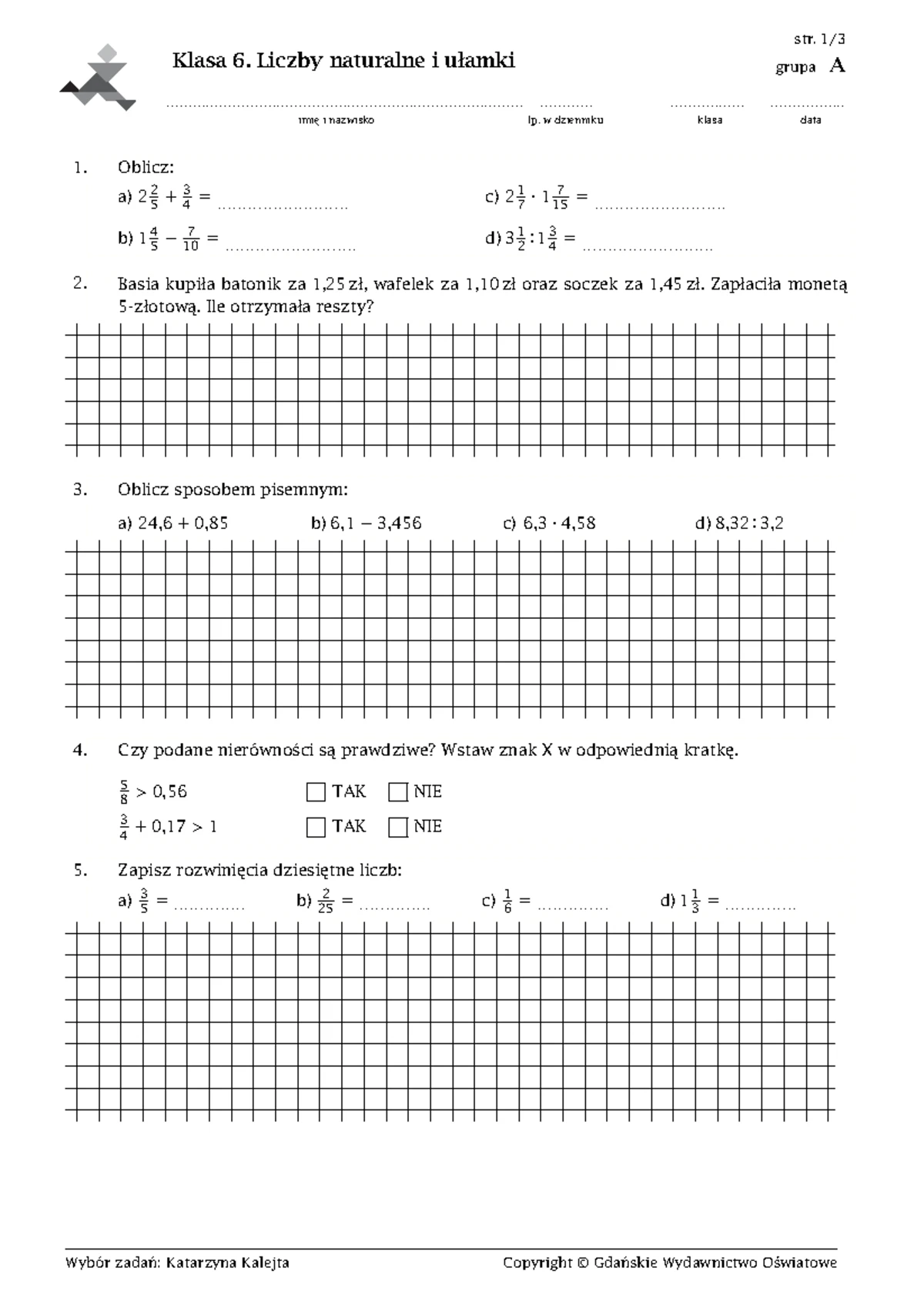 Sprawdzian 1 Semestrze 6 Klasa Matematyka www.studocu.com