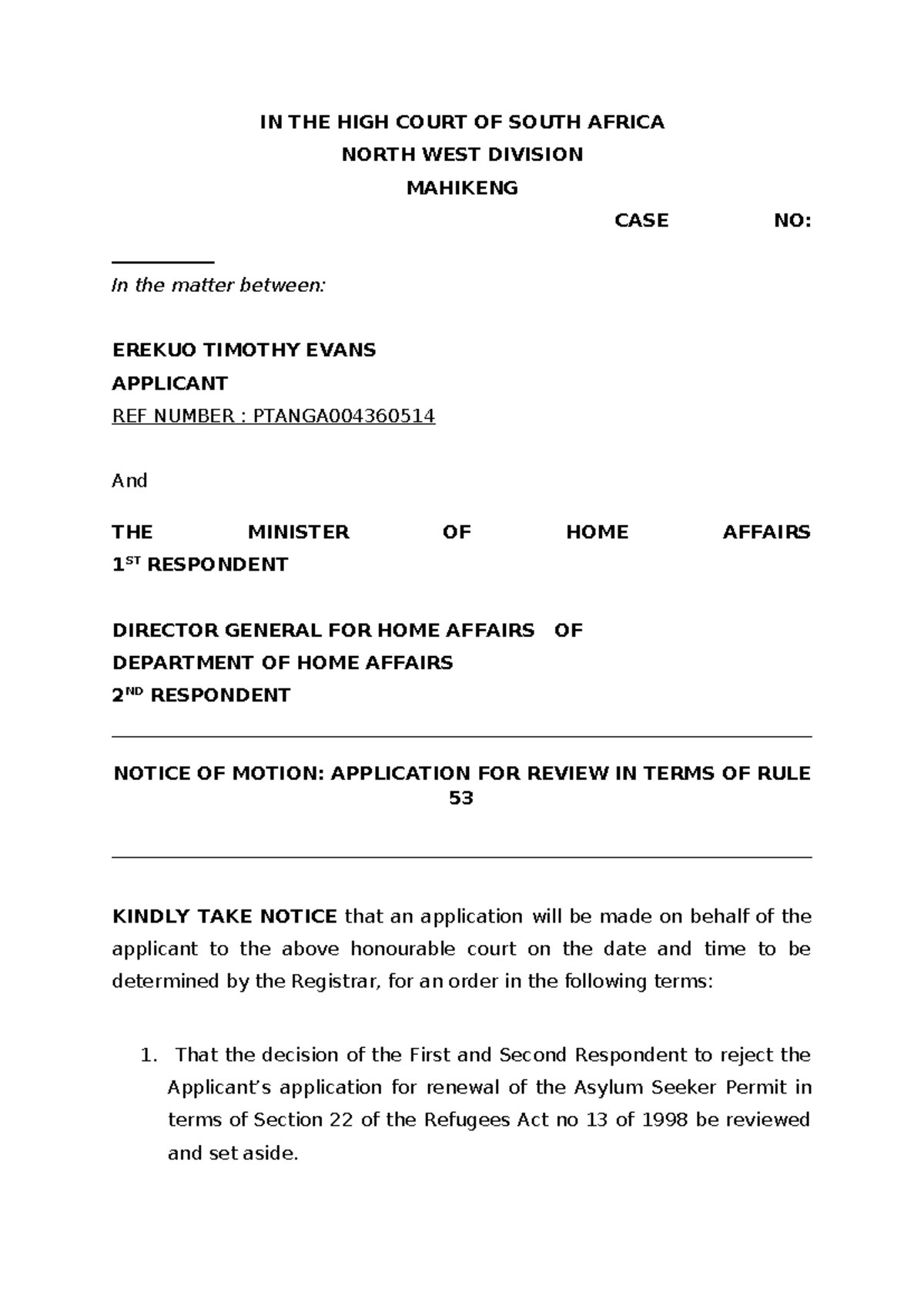 APPLICATION FOR REVIEW IN TERMS OF RULE 53: EREKUO TIMOTHY EVANS - Studocu